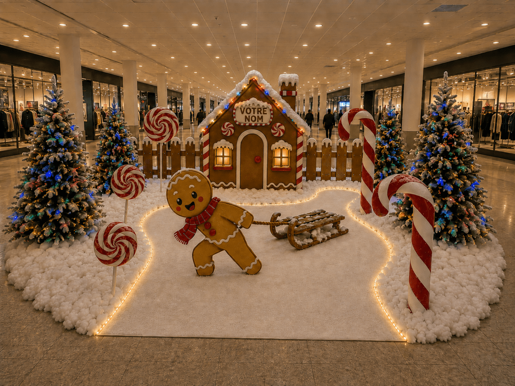 Décor de Noël immersif en centre commercial avec maison en pain d’épices, sapins illuminés, sucres d’orge et personnage en biscuit