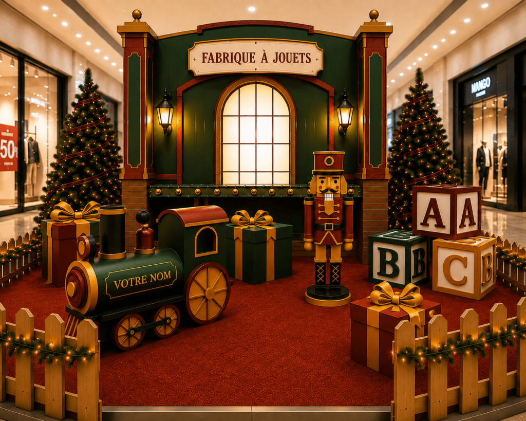 Décor de Noël immersif en centre commercial avec fabrique à jouets, train décoratif, casse-noisette, cadeaux et sapins illuminés
