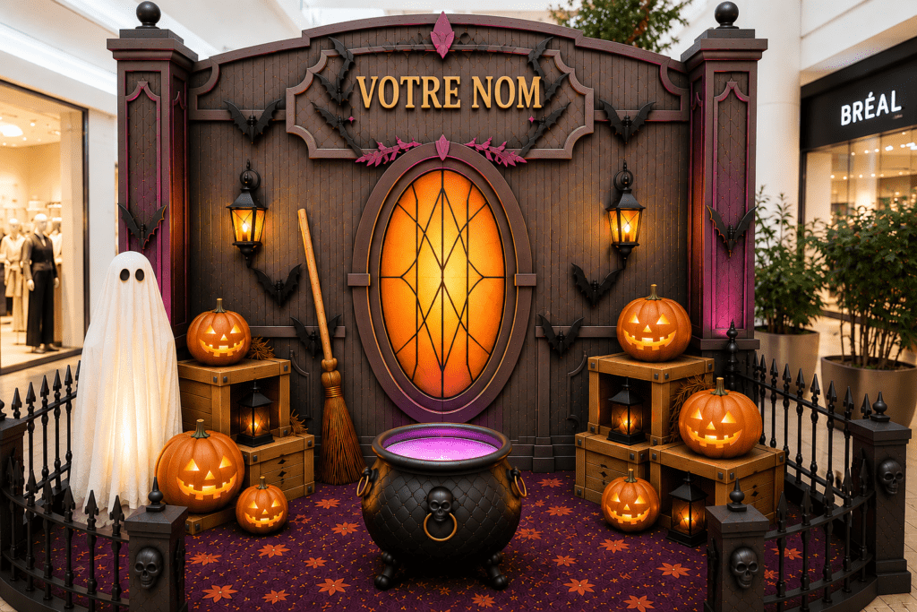 Décor Halloween immersif pour centre commercial avec manoir hanté, citrouilles lumineuses et espace photo scénographié par La Miragerie